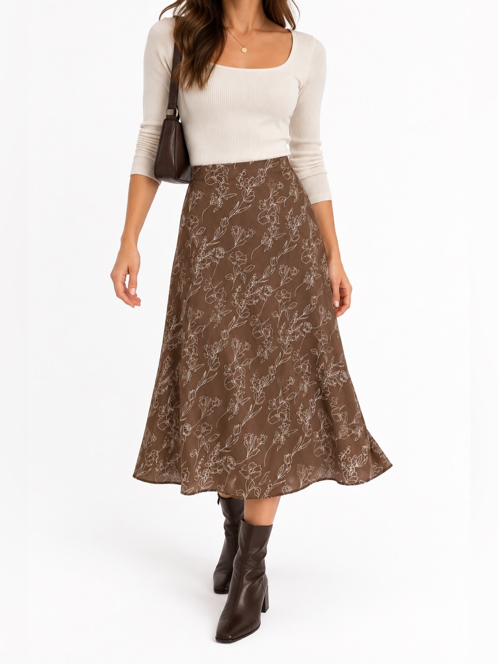 Lush Brown Cream Floral Midi Skirt Cottagecore Size M